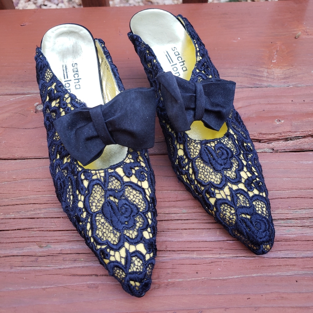Sacha London Gold & Dark Blue Crocheted Looking Slip On Heels W/ Bows- 8B